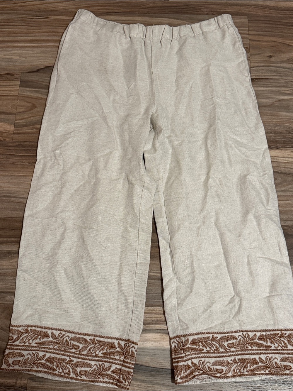 J Jill Linen Blend Crop Pants Womens M Beige Wide Leg Embroidered Hem Boho NWT